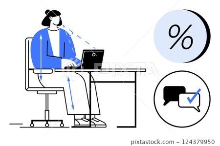 Woman seated at desk working on laptop, percentage symbol and message icon in background. Ideal for productivity, business, communication, technology, work-from-home, efficiency, office themes. Line Woman seated at desk working on laptop, percentage symbol and message icon in background. Ideal for productivity, business, communication, technology, work-from-home, efficiency, office themes. Line 124379950