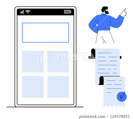 A smartphone screen interface displays app layout with four grid sections. Nearby a man stands next to two digital receipts with checkmark symbols. Ideal for mobile apps, finance, business A smartphone screen interface displays app layout with four grid sections. Nearby a man stands next to two digital receipts with checkmark symbols. Ideal for mobile apps, finance, business 124379951