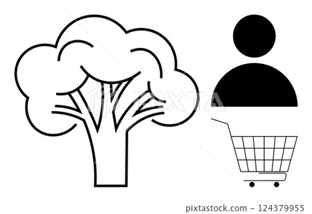 A black and white tree beside a user symbol and a shopping cart. Ideal for e-commerce, eco-friendly shopping, user profiles, sustainability, and digital marketplaces. Simple modern design A black and white tree beside a user symbol and a shopping cart. Ideal for e-commerce, eco-friendly shopping, user profiles, sustainability, and digital marketplaces. Simple modern design 124379955