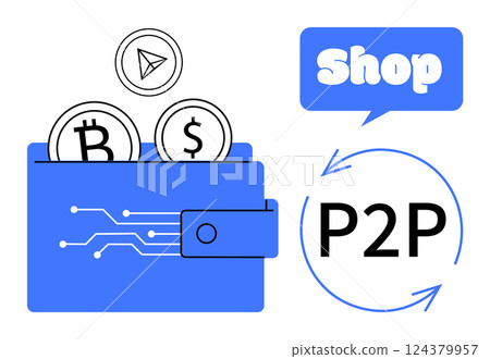 Digital wallet with Bitcoin and Dollar coin, and Peer-to-Peer (P2P) transaction concept. Ideal for e-commerce, cryptocurrency, fintech, blockchain, and financial technology. Modern and minimalist Digital wallet with Bitcoin and Dollar coin, and Peer-to-Peer (P2P) transaction concept. Ideal for e-commerce, cryptocurrency, fintech, blockchain, and financial technology. Modern and minimalist 124379957