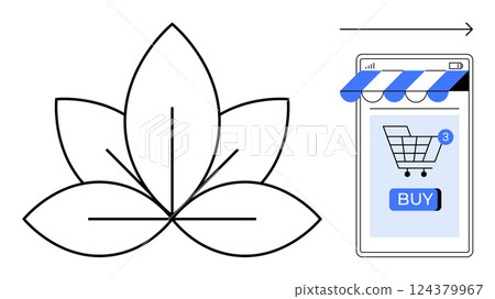 Lotus symbol and smartphone with shopping cart representing online wellness shopping. Ideal for e-commerce, health, wellness, digital marketing, and lifestyle. Simple line art style Lotus symbol and smartphone with shopping cart representing online wellness shopping. Ideal for e-commerce, health, wellness, digital marketing, and lifestyle. Simple line art style 124379967