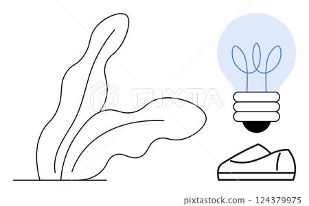 Abstract plant next to shoe and light bulb. Ideal for environmental, eco-friendly, sustainability, innovation, creativity, thinking, and nature-related themes. Line metaphor 124379975