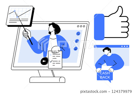 Man on screen making presentation with graph. Large thumbs-up symbol represents approval. Another man with cash back sign. Ideal for online education social media business marketing engagement 124379979