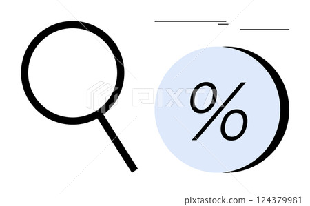 Magnifying glass next to a percentage symbol suggesting analysis and financial growth. Ideal for marketing, finance, business strategy, research, educational material, statistical analysis, data 124379981