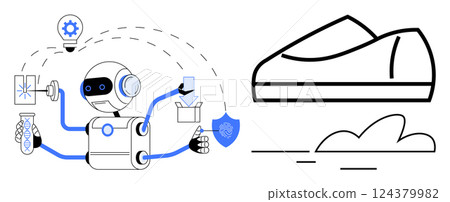 Robot with multiple arms handling laboratory equipment, shield, and files next to a shoe outline. Ideal for automation, technology, innovation, manufacturing, robotics, artificial intelligence 124379982