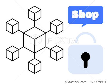 Blockchain network of interconnected cubes, a blue speech bubble with the word Shop and a padlock symbol Ideal for e-commerce, cybersecurity, blockchain technology, online shopping security Blockchain network of interconnected cubes, a blue speech bubble with the word Shop and a padlock symbol Ideal for e-commerce, cybersecurity, blockchain technology, online shopping security 124379991