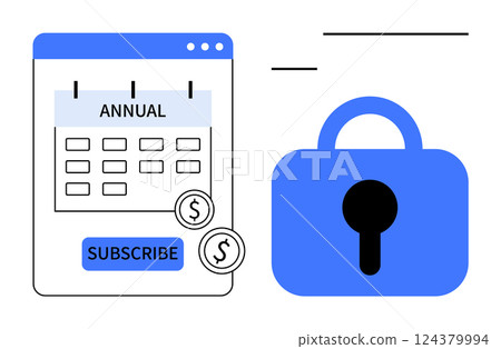 Annual subscription window with calendar icon and subscribe button. Dollar sign and security lock for indicating secure payments. Ideal for online services, software, memberships, e-commerce, digital Annual subscription window with calendar icon and subscribe button. Dollar sign and security lock for indicating secure payments. Ideal for online services, software, memberships, e-commerce, digital 124379994