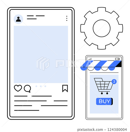 Smartphone screens displaying social media and online shopping app, gear icon. Ideal for digital marketing, social media, e-commerce, mobile apps, internet connectivity. Simple vector style 124380004