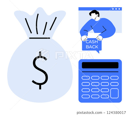 A bag of money with a dollar sign, a person holding a cash back sign, and a calculator. Ideal for finance, budgeting, cash back rewards, money savings, and financial planning. Simplistic modern style 124380017