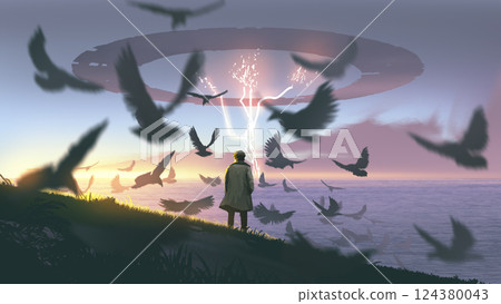 A mysterious man watches the sky shift above the ocean A mysterious man watches the sky shift above the ocean 124380043