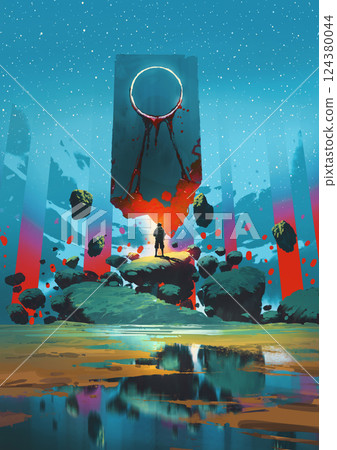 Traveler Standing Before Floating Holy Monolith in Fantasy Landscape 124380044