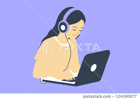 Girl Studying Online with Headphones and Laptop 124380077