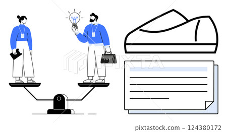Business professionals on balance scale discussing ideas, accompanied by shoe and document graphics. Ideal for teamwork, gender equality, idea generation, balance, career development, business 124380172
