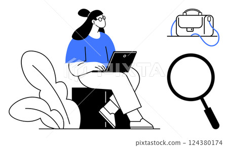Woman working on laptop seated on large leaf, icons of briefcase and magnifier. Ideal for business research, job search, workplace productivity, career planning, remote work, personal development Woman working on laptop seated on large leaf, icons of briefcase and magnifier. Ideal for business research, job search, workplace productivity, career planning, remote work, personal development 124380174