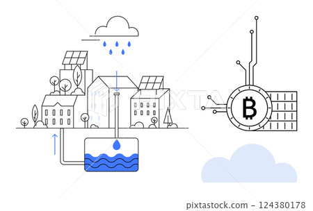 A smart city with solar panels, rainwater harvesting system, and cryptocurrency symbol. Ideal for sustainability, renewable energy, smart city innovation, technological advancement, environmental A smart city with solar panels, rainwater harvesting system, and cryptocurrency symbol. Ideal for sustainability, renewable energy, smart city innovation, technological advancement, environmental 124380178