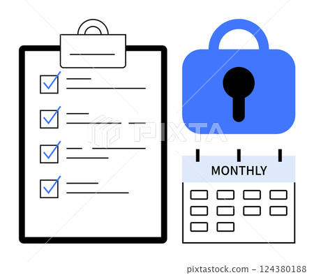 A clipboard with a checklist, a blue lock, and a monthly calendar. Ideal for security management, task organization, schedule planning, privacy protection, and data safety. Clean and simple style A clipboard with a checklist, a blue lock, and a monthly calendar. Ideal for security management, task organization, schedule planning, privacy protection, and data safety. Clean and simple style 124380188