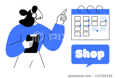 Female customer service representative wearing a headset holds a clipboard and points at a calendar. The speech bubble says Shop. Ideal for customer support, online shopping, scheduling, time 124380189