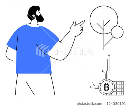 Man pointing with an abstract plant and a cryptocurrency symbol. Ideal for technology, nature, environment, digital currency, modern concepts. Minimalist style Man pointing with an abstract plant and a cryptocurrency symbol. Ideal for technology, nature, environment, digital currency, modern concepts. Minimalist style 124380191