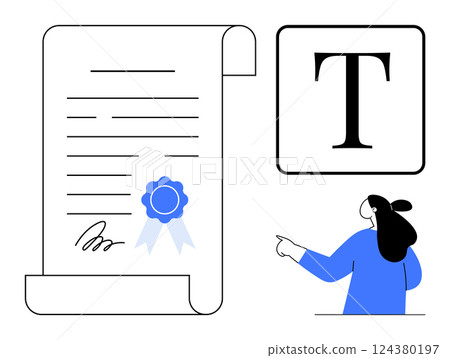 Certificate with blue seal, signed, large letter T in a box, person pointing towards it. Ideal for education, achievement, approval, official documents, recognition. Minimalist vector art style 124380197