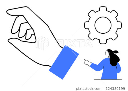Large hand gesturing with fingers visible, gear icon symbolizing settings or mechanism, person pointing towards icon. Ideal for technology, guidance, user interface, setup themes, educational 124380199