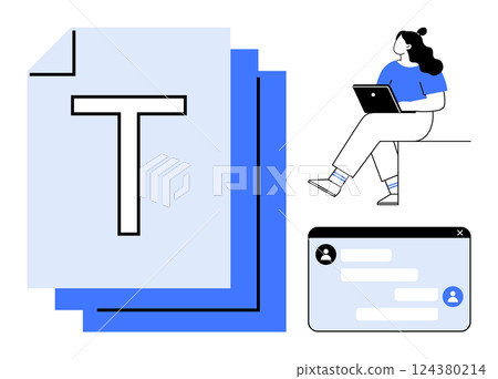 Woman typing on laptop, large document icons, and user chat interface. Ideal for telecommuting, content creation, digital communication, document sharing, online education, virtual collaboration Woman typing on laptop, large document icons, and user chat interface. Ideal for telecommuting, content creation, digital communication, document sharing, online education, virtual collaboration 124380214