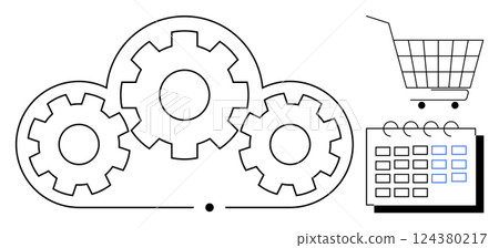 Gears in a cloud symbolize cloud computing integration. Shopping cart and calendar signify e-commerce and scheduling. Ideal for technology business management, project planning, online shopping Gears in a cloud symbolize cloud computing integration. Shopping cart and calendar signify e-commerce and scheduling. Ideal for technology business management, project planning, online shopping 124380217