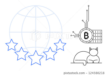 Minimalistic world grid with five stars, Bitcoin cryptocurrency circuit symbol, relaxing cat. Ideal for technology, finance, cryptocurrency, global rating, minimalism 124380218