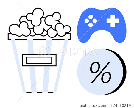 Popcorn bucket with stripes, blue game controller with cross and buttons, blue percentage symbol. Ideal for entertainment, gaming, discounts, sales, promotions, advertising, leisure activities. Line Popcorn bucket with stripes, blue game controller with cross and buttons, blue percentage symbol. Ideal for entertainment, gaming, discounts, sales, promotions, advertising, leisure activities. Line 124380219