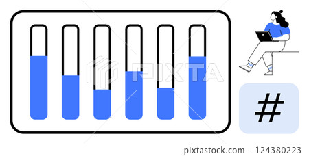 Bar chart with varying levels, woman working on laptop, metadata tag symbol. Ideal for business analytics, data analysis, social media strategies, digital marketing, education, presentations 124380223