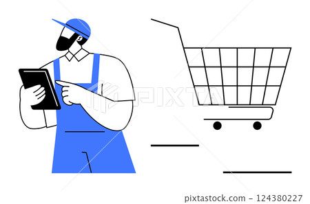 A warehouse worker in a blue uniform checks a clipboard next to a large shopping cart icon. Ideal for e-commerce logistics, inventory management, retail industry, online shopping, delivery services 124380227