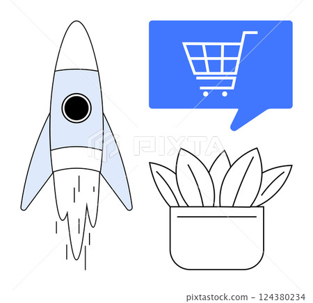 Rocket launching upward, a blue shopping cart inside a speech bubble, and a potted plant. Ideal for business growth, online shopping, innovation, sustainability, startup success, retail marketing 124380234