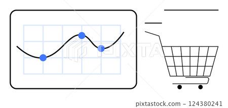Graph with data points next to shopping cart. Ideal for business, finance, e-commerce, data analysis, sales growth. Minimalist style, simple elements representing the connection between data trends 124380241