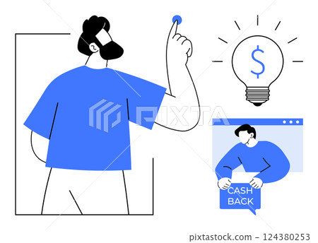 Man thinking with light bulb and cash back icon. Ideal for financial solutions, cashback services, innovative ideas, business strategies, creative thinking. Clean modern style Man thinking with light bulb and cash back icon. Ideal for financial solutions, cashback services, innovative ideas, business strategies, creative thinking. Clean modern style 124380253