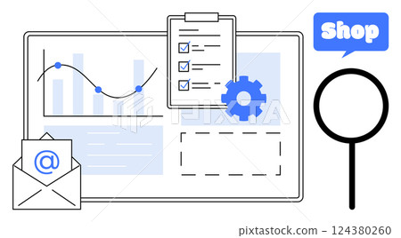 Business analytics and e-commerce themed with graph, email icon, checklist clipboard, gear, shop bubble, and magnifying glass. Ideal for marketing, data analysis, online business, email campaigns Business analytics and e-commerce themed with graph, email icon, checklist clipboard, gear, shop bubble, and magnifying glass. Ideal for marketing, data analysis, online business, email campaigns 124380260