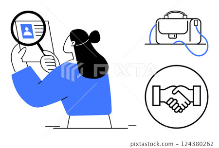 Woman examining ID with magnifying glass, briefcase, and handshake symbol. Ideal for business, recruitment, human resources, partnerships, professional development, job search, and corporate 124380262