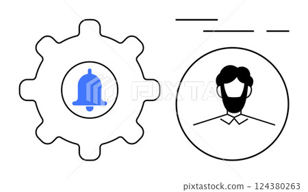Gear with blue bell icon signifies notifications alongside a user profile icon. Ideal for user settings, alerts, profile management, notifications, system configurations, account settings, and online 124380263