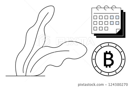 Calendar with marked dates, Bitcoin symbol indicating cryptocurrency, and abstract foliage. Ideal for financial planning, cryptocurrency investments, scheduling, digital finance, eco-friendly 124380270