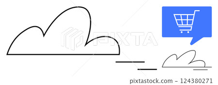 Cloud with connected line to smaller cloud and shopping cart inside blue speech bubble. Ideal for e-commerce, online shopping, cloud storage, digital marketing, tech services, web apps, and retail 124380271