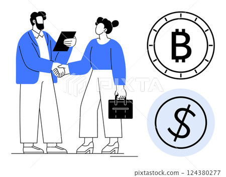 Professional handshake between businessman and businesswoman with documents and briefcase, Bitcoin and Dollar icons. Ideal for business partnerships, cryptocurrency, blockchain, fintech, investments 124380277