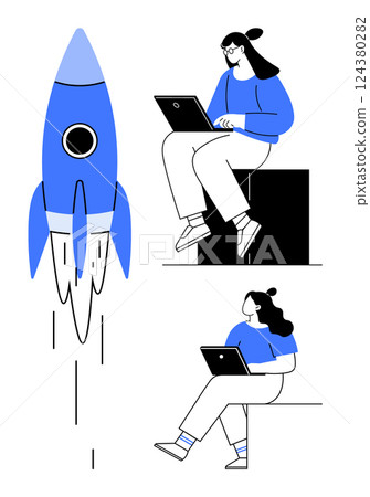 Rocket launches as two team members work on laptops, one seated on a box, another on the ground. Ideal for startup culture, teamwork, innovation, technology, focus, remote work, and brainstorming 124380282