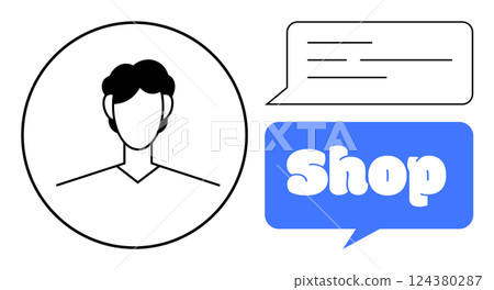 Features a faceless user profile within a circle and a speech bubble with the word Shop. Ideal for e-commerce, customer service, online shopping, communication, and user interfaces. Simple vector Features a faceless user profile within a circle and a speech bubble with the word Shop. Ideal for e-commerce, customer service, online shopping, communication, and user interfaces. Simple vector 124380287