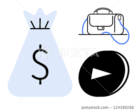 Money bag with dollar symbol representing financial gain next to a business briefcase and a play button. Ideal for online business, finance, e-commerce, investment, entrepreneurship, digital 124380288