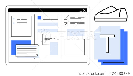 Digital document editing interface with various windows and checklist, accompanied by a shoe design sketch and overlapping text documents. Ideal for project management, design, editorial work Digital document editing interface with various windows and checklist, accompanied by a shoe design sketch and overlapping text documents. Ideal for project management, design, editorial work 124380289