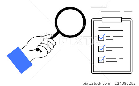 Magnifying glass inspecting a checklist on clipboard, with check marks. Ideal for productivity, task management, auditing, quality control, research, goal setting, project planning. Banner Magnifying glass inspecting a checklist on clipboard, with check marks. Ideal for productivity, task management, auditing, quality control, research, goal setting, project planning. Banner 124380292