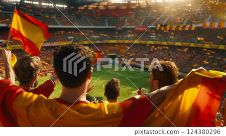 Back view of football, soccer Spanish fans cheering on their team in a crowded atmospheric stadium. UEFA national team 124380296