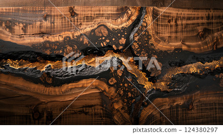 Close-up of a polished wood and resin surface with intricate patterns, cracks, and accents, a unique abstract texture Close-up of a polished wood and resin surface with intricate patterns, cracks, and accents, a unique abstract texture 124380297