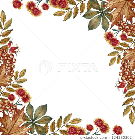 A frame with autumn leaves, flowers, mountain ash and other autumn elements. Handmade watercolor illustration. Color image, for greeting and invitation cards, banners and posters,flyers. A frame with autumn leaves, flowers, mountain ash and other autumn elements. Handmade watercolor illustration. Color image, for greeting and invitation cards, banners and posters,flyers. 124380302