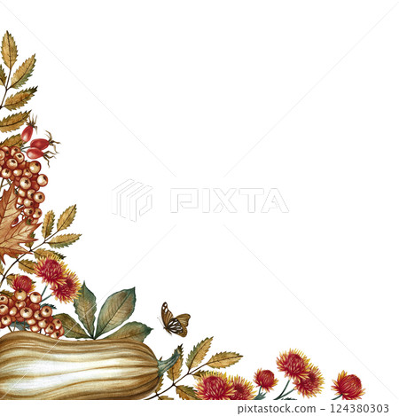 Autumn corner frame with pumpkin, flowers, leaves and mountain ash. Handmade watercolor illustration. Color image for the autumn holiday, for greeting and invitation cards, banners and posters. Autumn corner frame with pumpkin, flowers, leaves and mountain ash. Handmade watercolor illustration. Color image for the autumn holiday, for greeting and invitation cards, banners and posters. 124380303