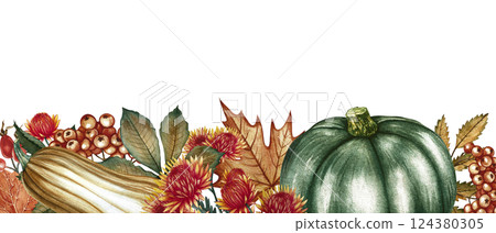 Border frame with autumn pumpkins, flowers, leaves and mountain ash. Handmade watercolor illustration. Color image for autumn holidays, greeting and invitation cards, banners and posters. 124380305