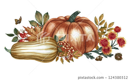 Autumn composition with pumpkins, flowers and leaves. Handmade watercolor illustration. Color image of the autumn harvest. For greeting and invitation cards, posters, stickers, prints and banners. Autumn composition with pumpkins, flowers and leaves. Handmade watercolor illustration. Color image of the autumn harvest. For greeting and invitation cards, posters, stickers, prints and banners. 124380312